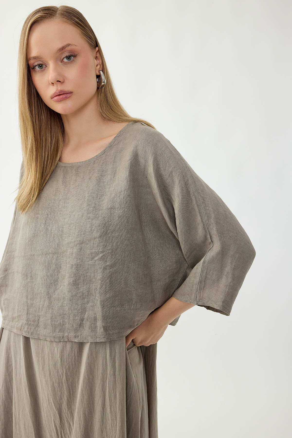 %100 Keten Kısa Kol Uzun Elbise - Thumbnail