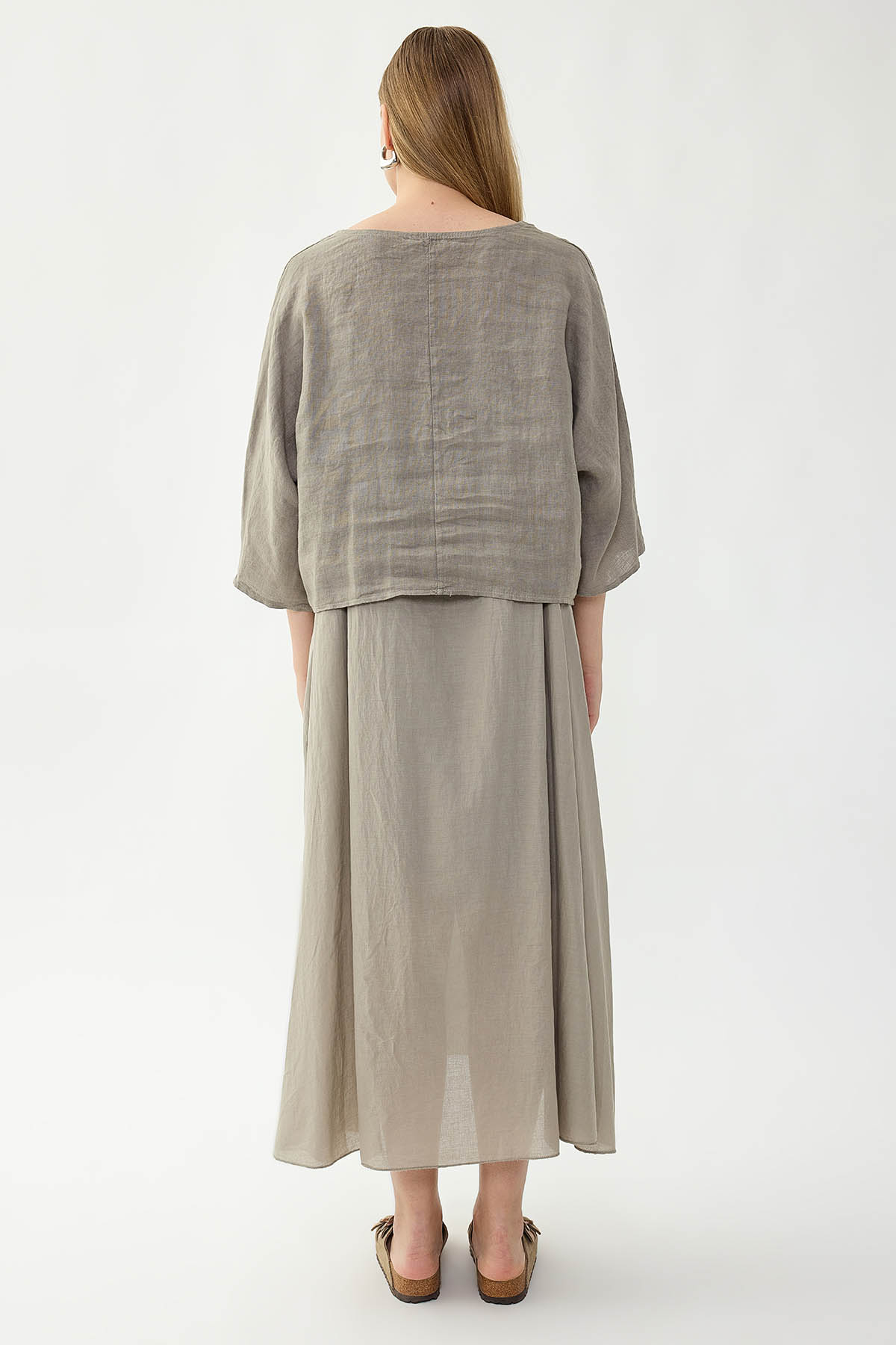 %100 Keten Kısa Kol Uzun Elbise - Thumbnail