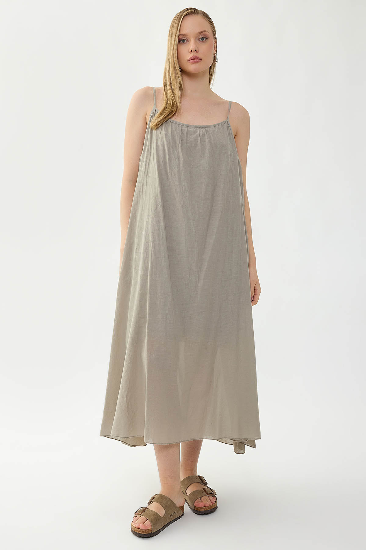 %100 Keten Kısa Kol Uzun Elbise - Thumbnail