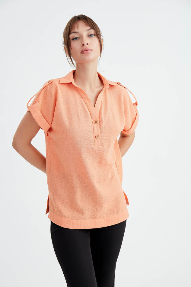 Kol Detaylı Viskon Keten Gömlek - 7