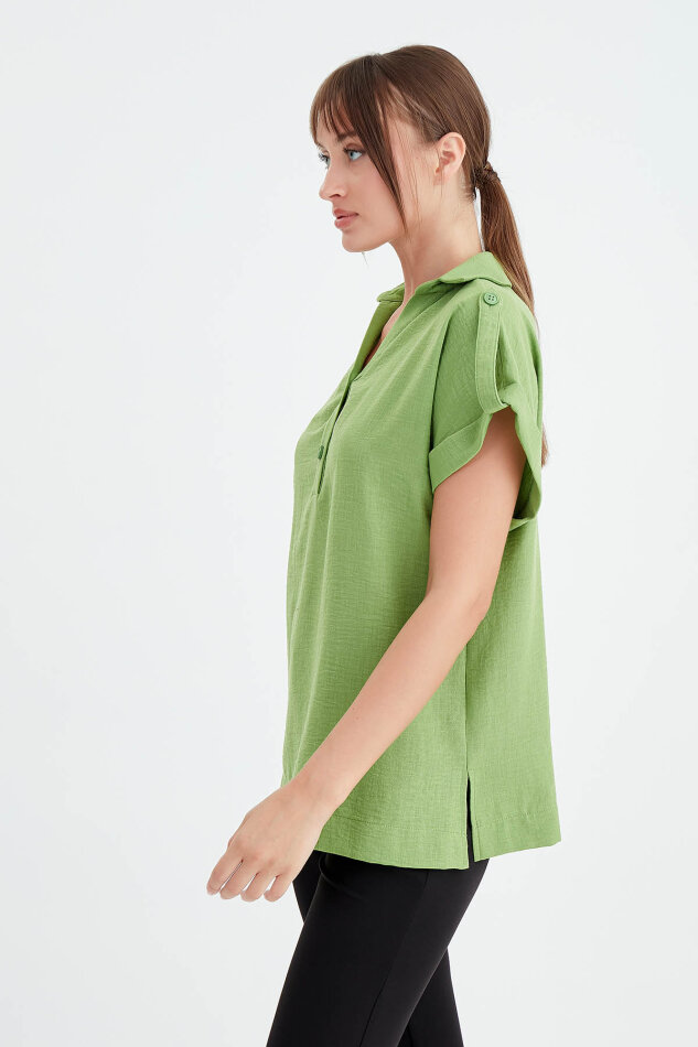 Kol Detaylı Viskon Keten Gömlek - 11