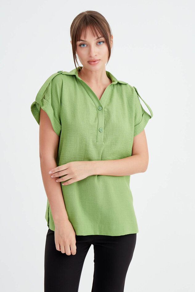 Kol Detaylı Viskon Keten Gömlek - 12