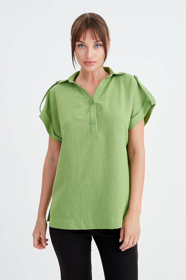 Kol Detaylı Viskon Keten Gömlek - 13