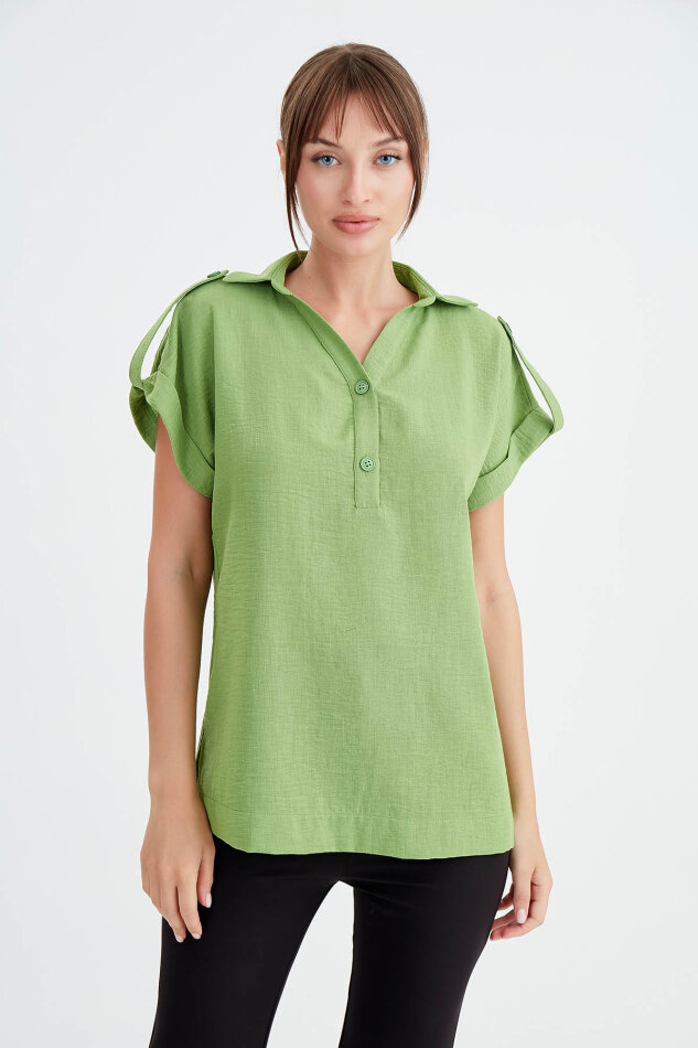 Kol Detaylı Viskon Keten Gömlek - 10