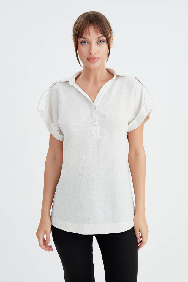 Kol Detaylı Viskon Keten Gömlek - 5