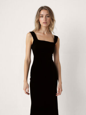 Kolları Lastikli Sıfır Kol Kare Yaka Elbise - 3