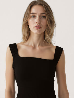 Kolları Lastikli Sıfır Kol Kare Yaka Elbise - 4