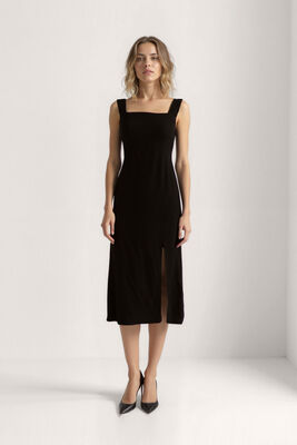 Kolları Lastikli Sıfır Kol Kare Yaka Elbise - 1