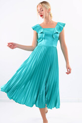 Kolu Fırfırlı Eteği Pileli Saten Elbise - 3