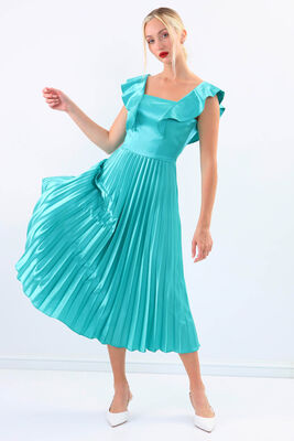 Kolu Fırfırlı Eteği Pileli Saten Elbise - 2