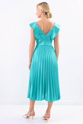 Kolu Fırfırlı Eteği Pileli Saten Elbise - 5