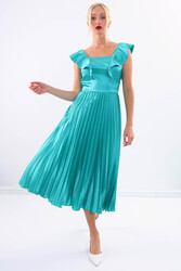 Kolu Fırfırlı Eteği Pileli Saten Elbise - 4