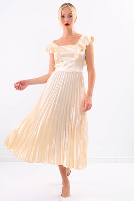 Kolu Fırfırlı Eteği Pileli Saten Elbise - 7