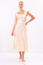 Kolu Fırfırlı Eteği Pileli Saten Elbise - 6