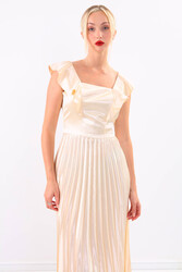 Kolu Fırfırlı Eteği Pileli Saten Elbise - 8