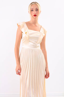 Kolu Fırfırlı Eteği Pileli Saten Elbise - 8