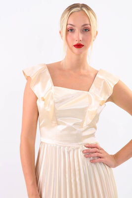 Kolu Fırfırlı Eteği Pileli Saten Elbise - 9