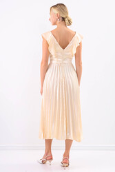 Kolu Fırfırlı Eteği Pileli Saten Elbise - 10