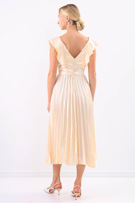 Kolu Fırfırlı Eteği Pileli Saten Elbise - 10