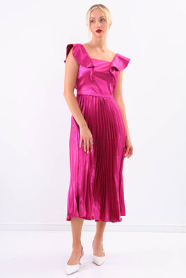 Kolu Fırfırlı Eteği Pileli Saten Elbise - 11