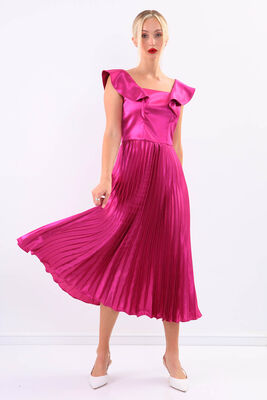 Kolu Fırfırlı Eteği Pileli Saten Elbise - 12