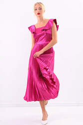 Kolu Fırfırlı Eteği Pileli Saten Elbise - 13