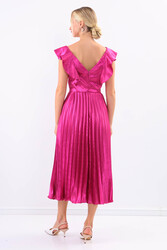 Kolu Fırfırlı Eteği Pileli Saten Elbise - 14