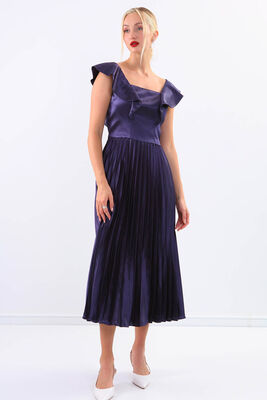 Kolu Fırfırlı Eteği Pileli Saten Elbise - 15