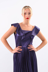 Kolu Fırfırlı Eteği Pileli Saten Elbise - 16