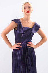 Kolu Fırfırlı Eteği Pileli Saten Elbise - 17