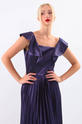 Kolu Fırfırlı Eteği Pileli Saten Elbise - 17