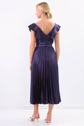 Kolu Fırfırlı Eteği Pileli Saten Elbise - 19