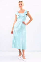 Kolu Fırfırlı Eteği Pileli Saten Elbise - 20