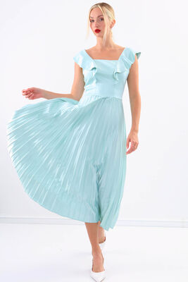 Kolu Fırfırlı Eteği Pileli Saten Elbise - 21