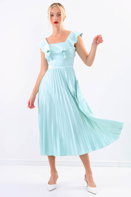 Kolu Fırfırlı Eteği Pileli Saten Elbise - 22