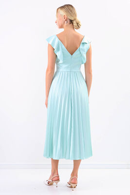 Kolu Fırfırlı Eteği Pileli Saten Elbise - 23