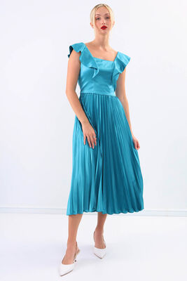 Kolu Fırfırlı Eteği Pileli Saten Elbise - 25