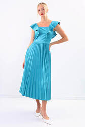 Kolu Fırfırlı Eteği Pileli Saten Elbise - 24