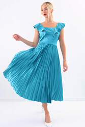 Kolu Fırfırlı Eteği Pileli Saten Elbise - 26