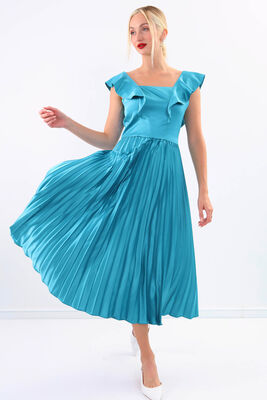 Kolu Fırfırlı Eteği Pileli Saten Elbise - 26