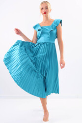 Kolu Fırfırlı Eteği Pileli Saten Elbise - 27