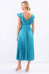 Kolu Fırfırlı Eteği Pileli Saten Elbise - 28