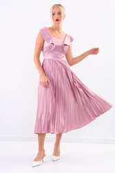 Kolu Fırfırlı Eteği Pileli Saten Elbise - 29