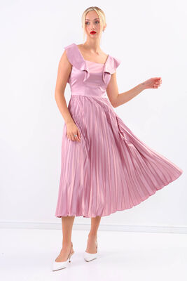 Kolu Fırfırlı Eteği Pileli Saten Elbise - 29