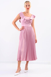 Kolu Fırfırlı Eteği Pileli Saten Elbise - 30