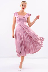 Kolu Fırfırlı Eteği Pileli Saten Elbise - 31