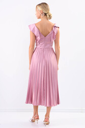 Kolu Fırfırlı Eteği Pileli Saten Elbise - 32