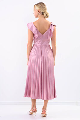 Kolu Fırfırlı Eteği Pileli Saten Elbise - 32