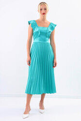 Kolu Fırfırlı Eteği Pileli Saten Elbise - 34