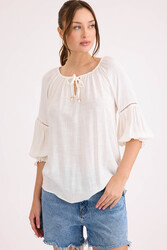 Kolu Lastikli Önü Bağlamalı Keten Bluz - 2